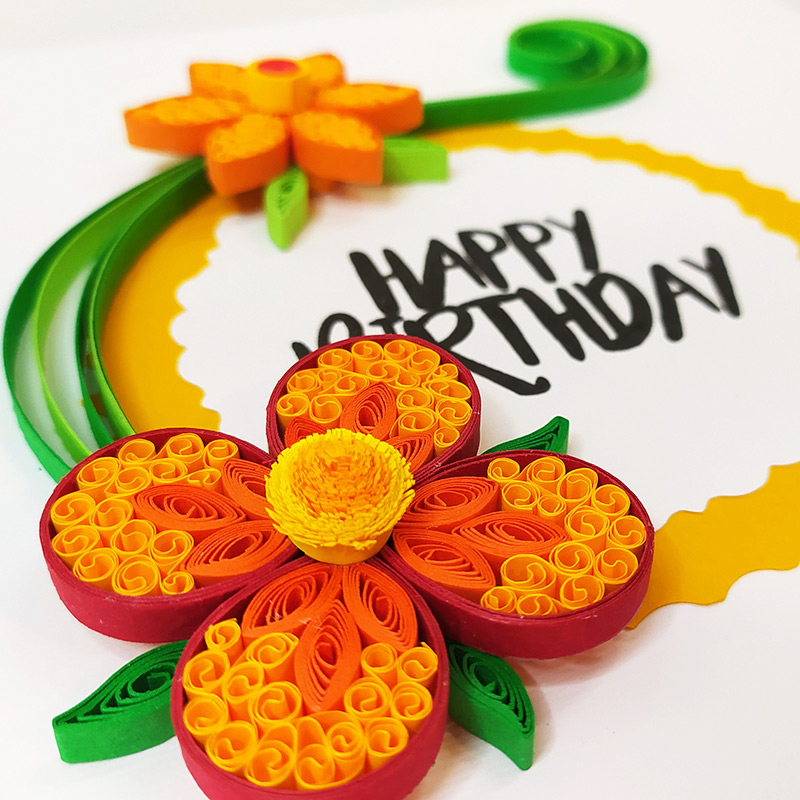 Orange and Red Quilling Flower in Happy Birthday Card