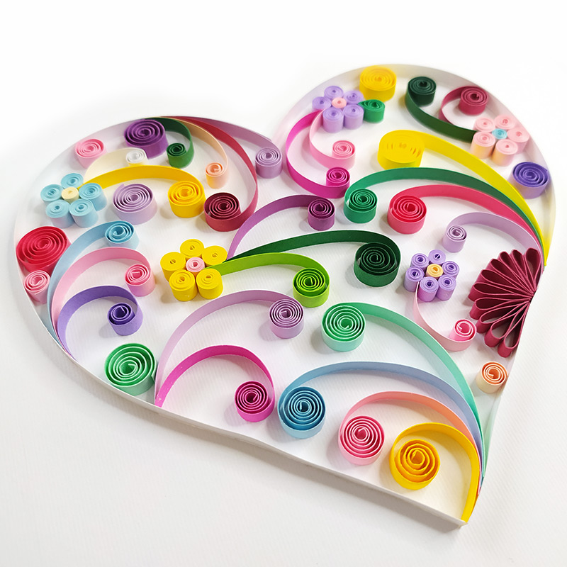 Paper Quilling Colorful Heart with Swirls and Flowers