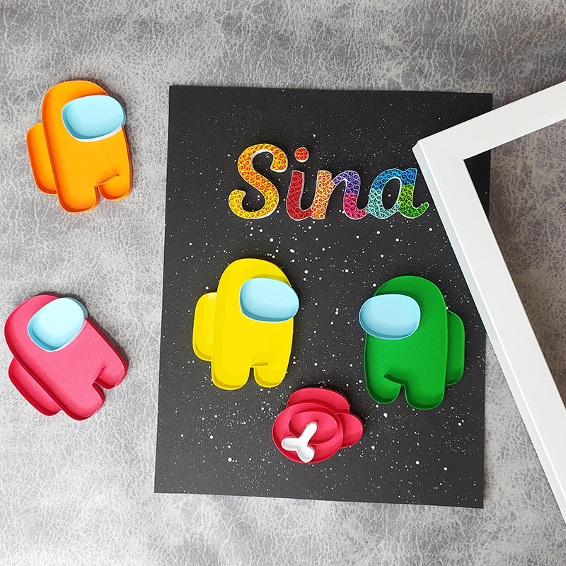 Quilling Typography Design decorated with Among Us Characters