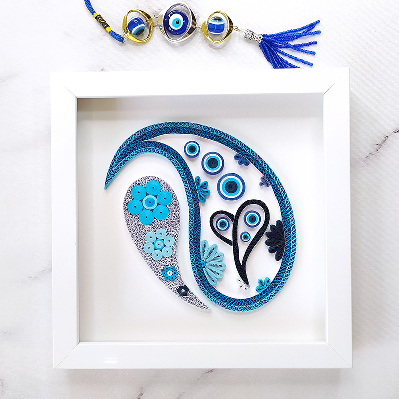 Paper Quilling Blue Paisley with Nazar Symbol Paper Quilling Blue Paisley with Nazar Symbol